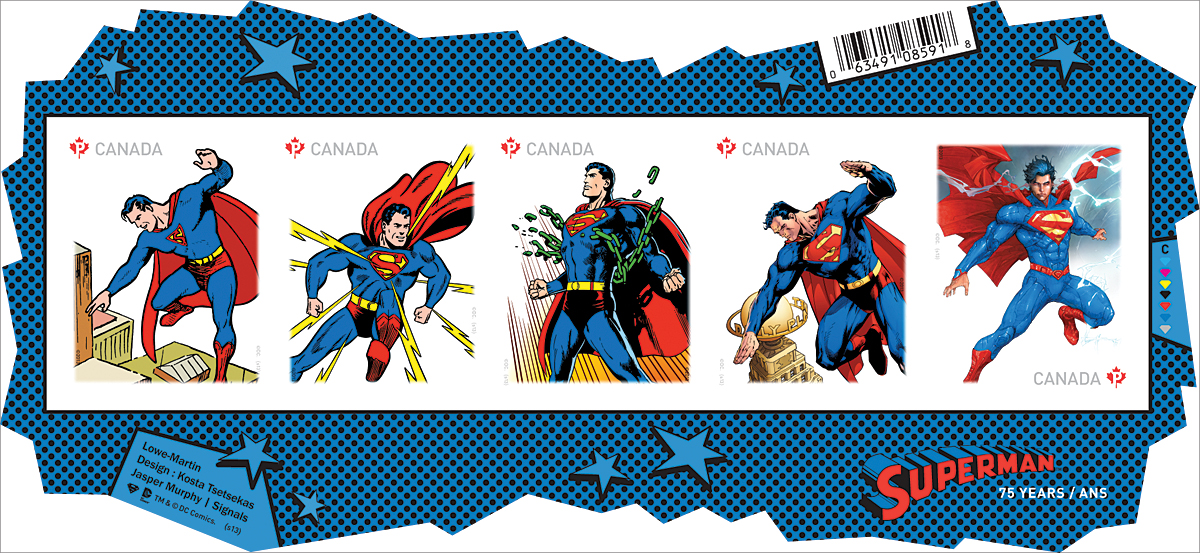 A series of Canada Post stamps in 2013 to honour Superman’s Canadian origina © Canada Post